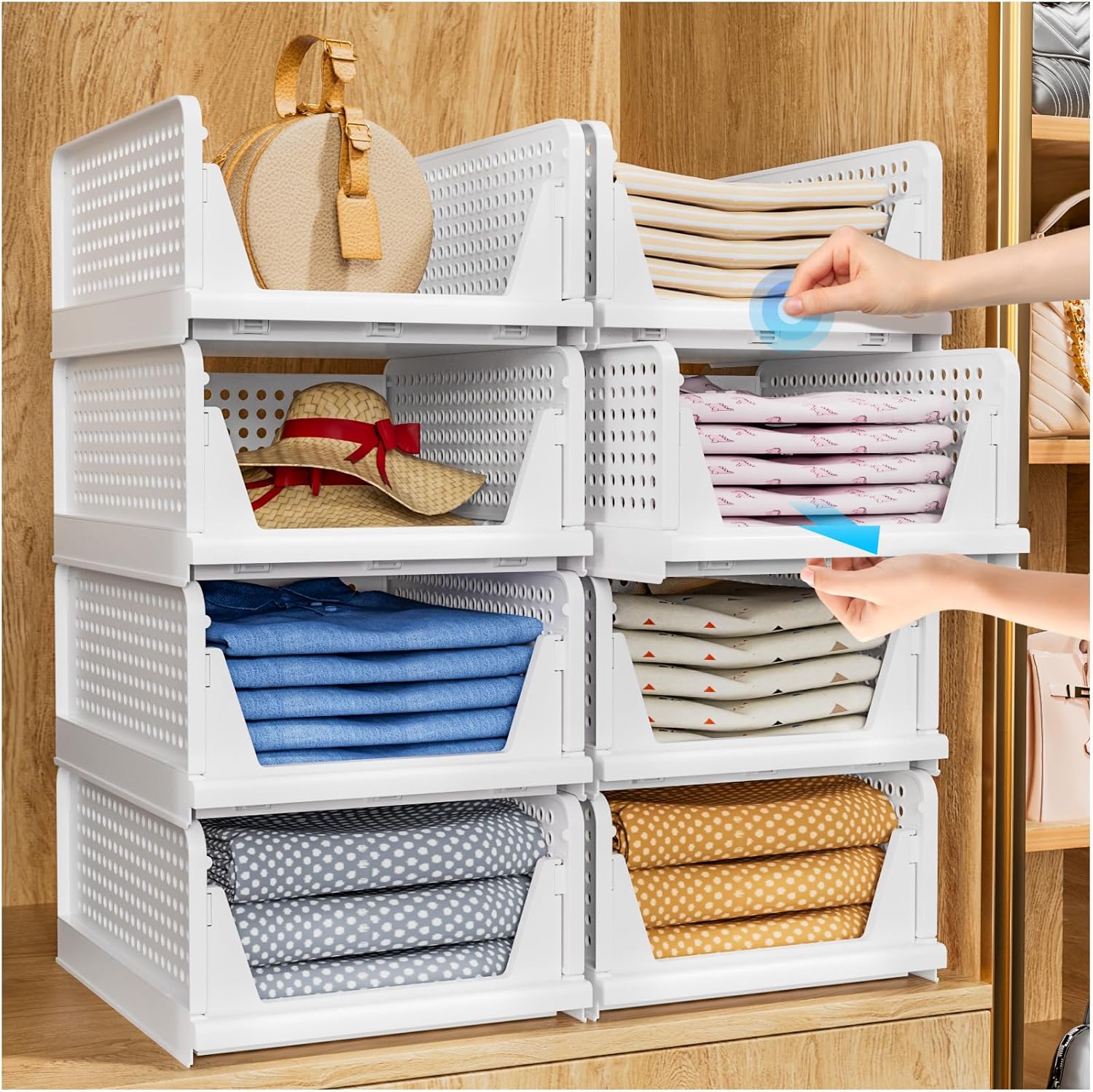 - Foldable Closet Organizer, 4 Pack Stackable Storage Boxes, Plastic Storage Baskets, Drawers for Bedroom, Kitchen and Bathroom Organization, White