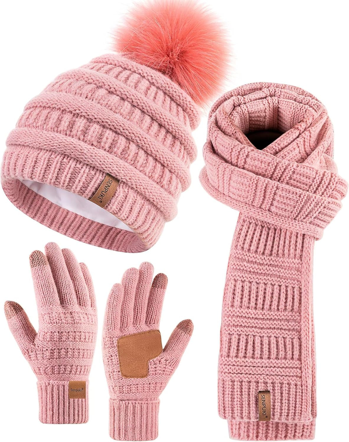Hat Scarf and Gloves Set Ladies, Cute Pom Pom Winter Beanie Hat for Women with Warm Fleece Lined, Long Knit Bobble Touchscreen Gloves Women Scarf Neck Warmer 3 in 1 Cold Weather Gift Set