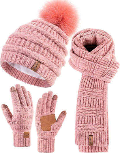 Hat Scarf and Gloves Set Ladies, Cute Pom Pom Winter Beanie Hat for Women with Warm Fleece Lined, Long Knit Bobble Touchscreen Gloves Women Scarf Neck Warmer 3 in 1 Cold Weather Gift Set