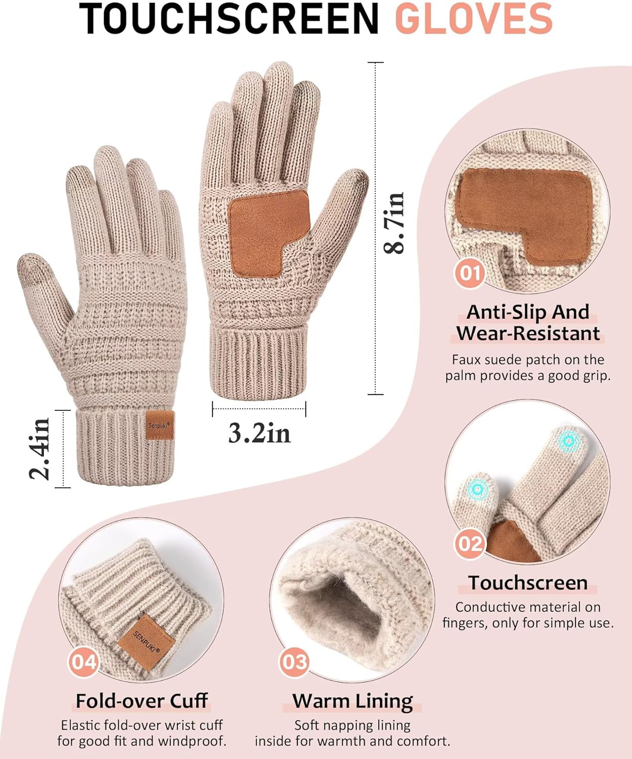 Winuesa Headbands Hat Scarf and Gloves Set Ladies, Slouchy Beanie Hat Women Touchscreen Gloves Women Knit Scarf Ear Warmers 4 in 1 Cold Weather Gift Set