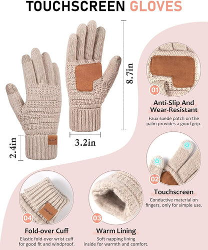 Winuesa Headbands Hat Scarf and Gloves Set Ladies, Slouchy Beanie Hat Women Touchscreen Gloves Women Knit Scarf Ear Warmers 4 in 1 Cold Weather Gift Set