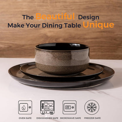 Dinner Set for 6, 18 Pieces Stoneware Plates and Bowls Set, Chip & Scratch Resistant Reactive Glazed Dinnerware Set, Dishwasher & Microwave Safe Crockery Set, Chocolate Malt