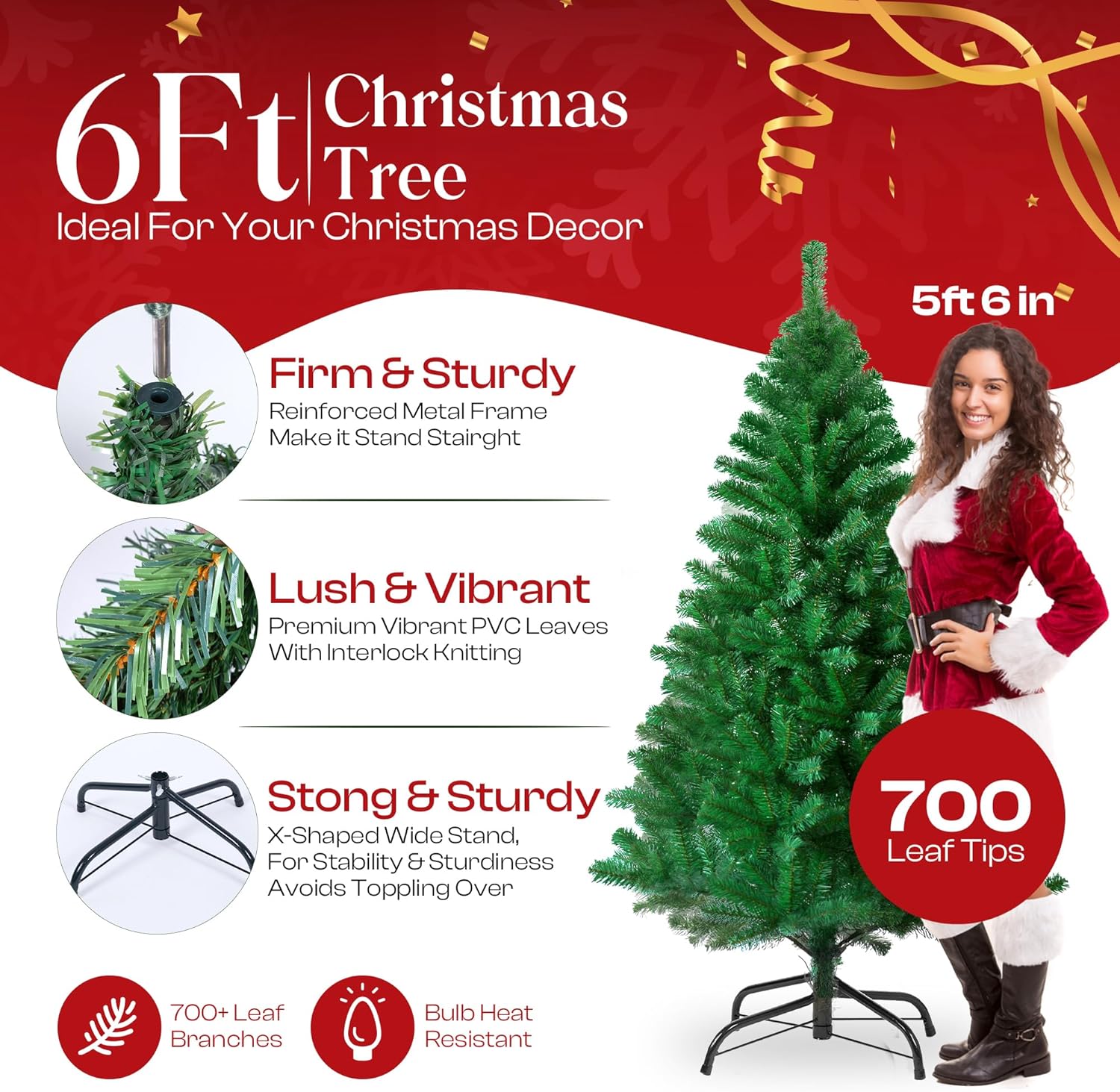 KLASS 6Ft Christmas Tree 700 Tips Lush Xmas Tree Premium PVC Realistic Artificial Christmas Tree with Metal Stand, Green Christmas Trees in 4Ft, 5Ft, 6 Ft 7Ft Sizes Perfect Christmas Decoration (6Ft)