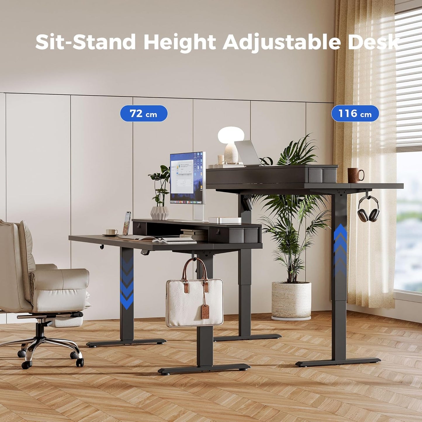 Height Adjustable Desk with Two Drawers, 120 X 60 Cm Electric Computer Desks with Memory Function, Sit Stand Desk, Black
