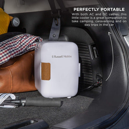 RH4CLR1001SCW 4L/6 Can Mini Portable Cooler & Warmer for Drinks, Cosmetics/Makeup/Skincare, AC/DC Power, Scandi Style, White & Wood Effect, for Bedroom, Home, Caravan, Car