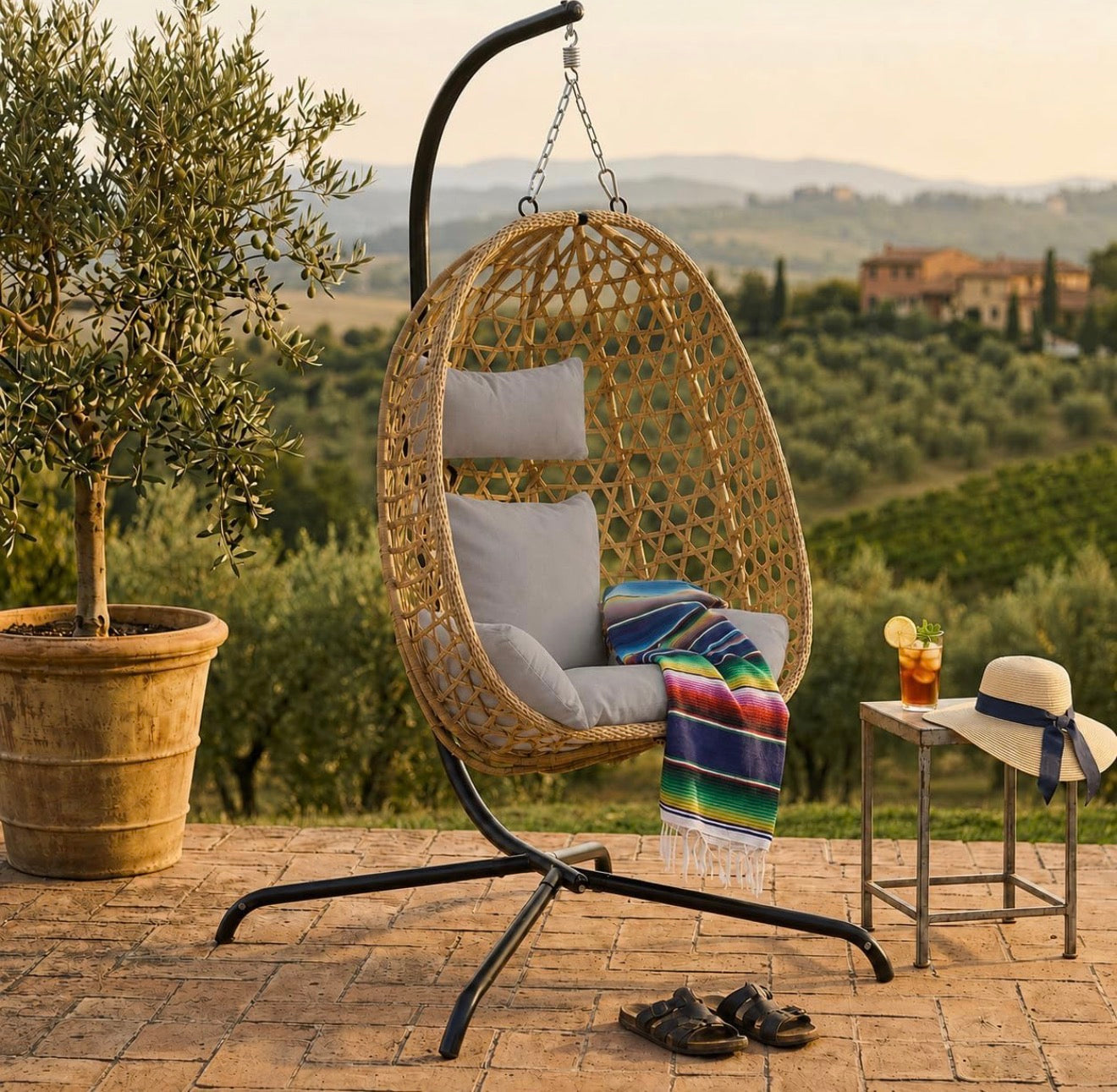 URBNLIVING Hanging Egg Chair with Stand PE Rattan Indoor Outdoor Swing Seat