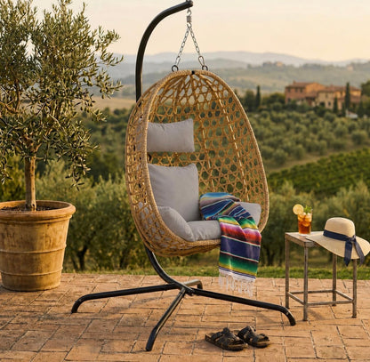 URBNLIVING Hanging Egg Chair with Stand PE Rattan Indoor Outdoor Swing Seat