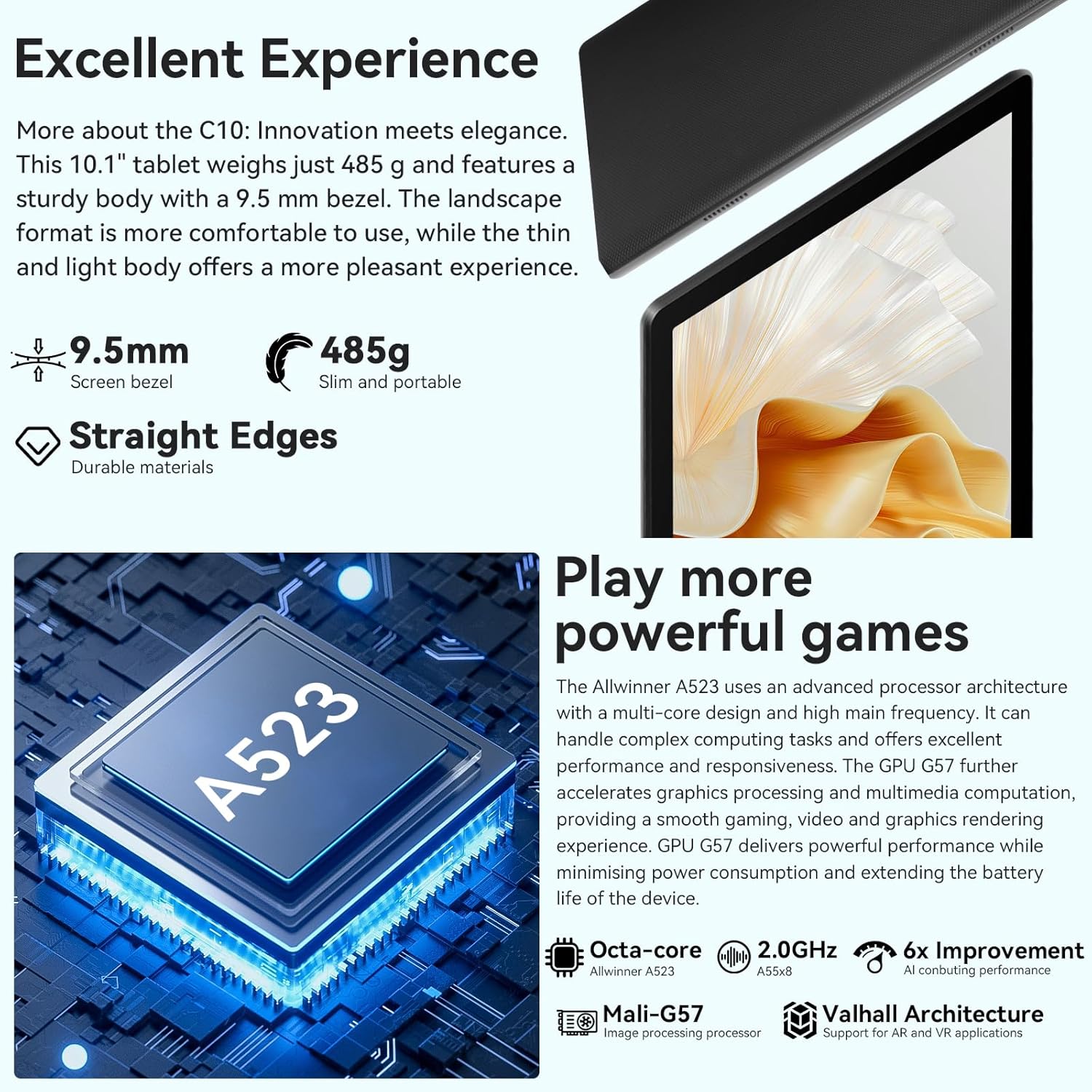 Whitedeer  10 Inch Octa-Core Processor Android 14 Tablet, Face ID丨OTG, 8GB+64GB/1TB TF, 1280*800丨5G Wifi丨Bt5.3丨Tab PC with Dual Camera 5MP+8MP, Support Split-Screen, 5000Mah, Widevine L1(Black)