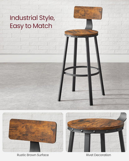 Bar Stools Set of 2, Kitchen Breakfast Bar Chairs, with Backrest, Steel Frame, 73 Cm Tall Seat, Easy Assembly, Industrial Style, Rustic Brown and Black LBC026B01V1
