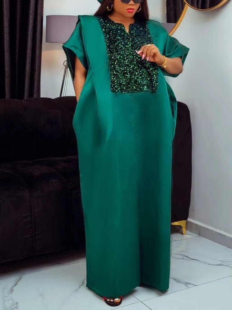 African Shiny Bubu Dresses for Women Patchwork Sequined Elegant Christmas Traditional Africa Long Loose Party Gowns New Event
