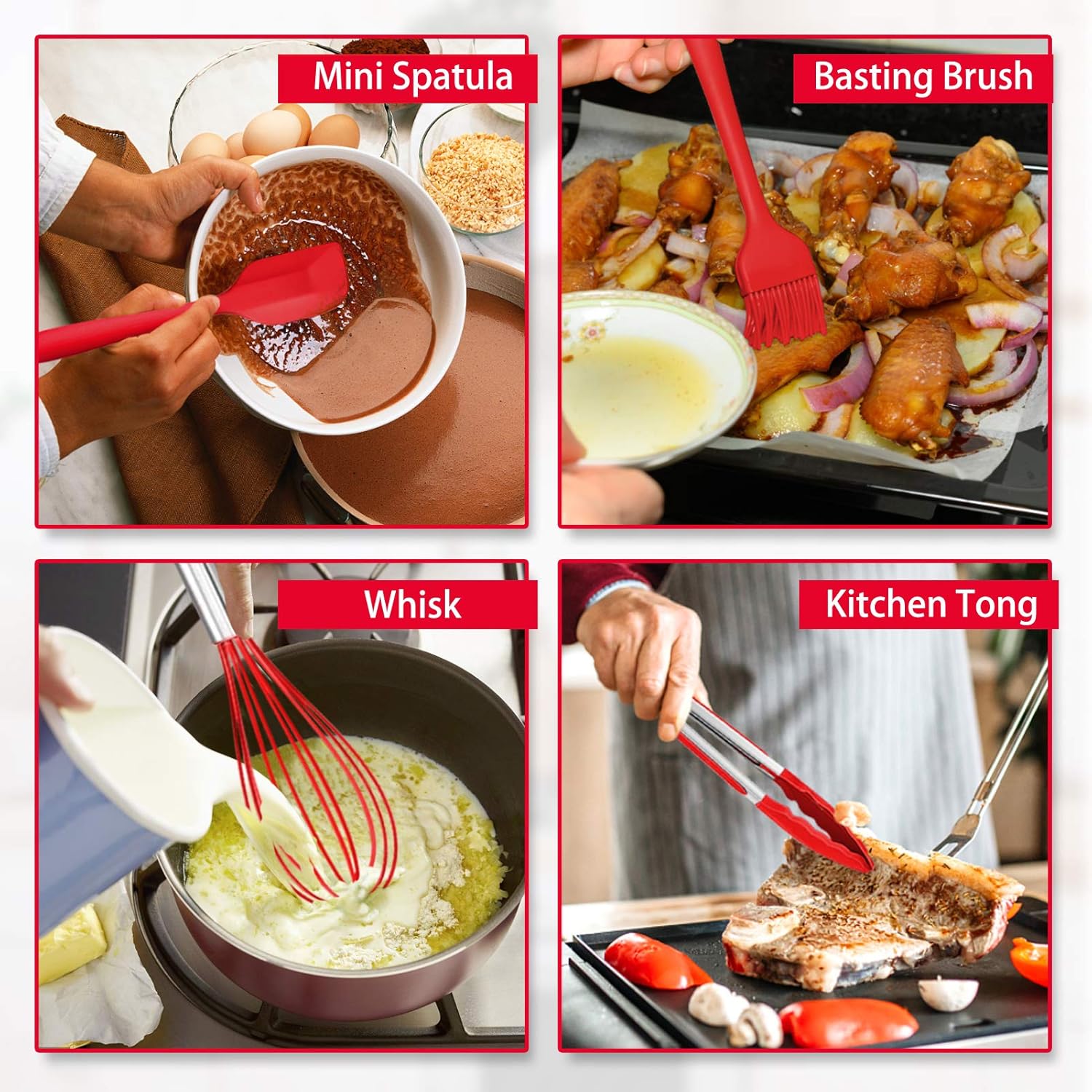 Kitchen Utensil Set,  12 Piece Cooking Utensils, Silicone Kitchen Utensils Set with Holder, Heat Resistant Kitchen Tools Include Spoons Turner Spatula Ladle Tong for Non-Stick Cookware, Red