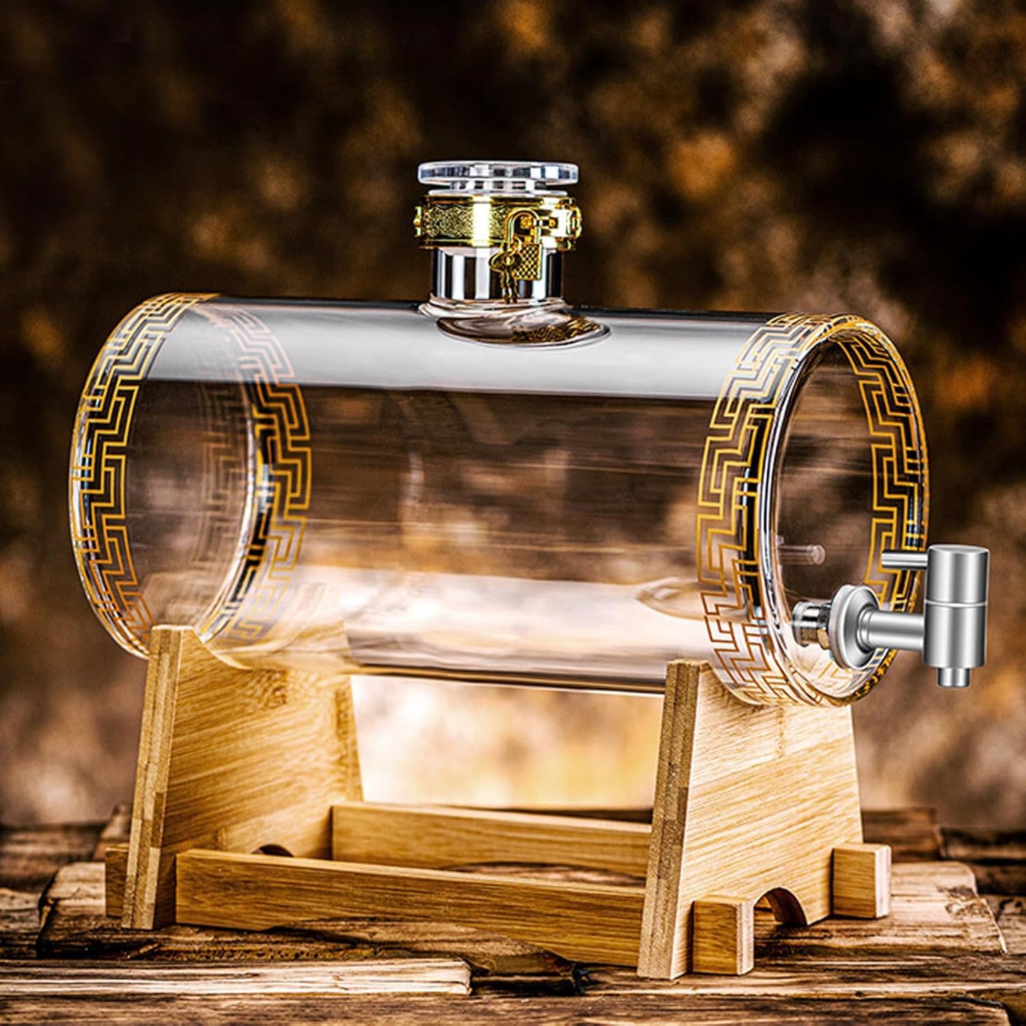 Glass Barrel Dispenser with Tap, Whiskey Decanter Set 5L Whiskey Barrel Whiskey Decanter Drink Dispenser for Wine for Scotch Bourbon Vodka Rum and Liquor Party Drink (A)