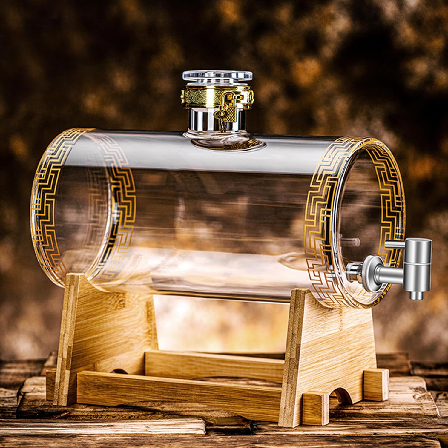 Glass Barrel Dispenser with Tap, Whiskey Decanter Set 5L Whiskey Barrel Whiskey Decanter Drink Dispenser for Wine for Scotch Bourbon Vodka Rum and Liquor Party Drink (A)