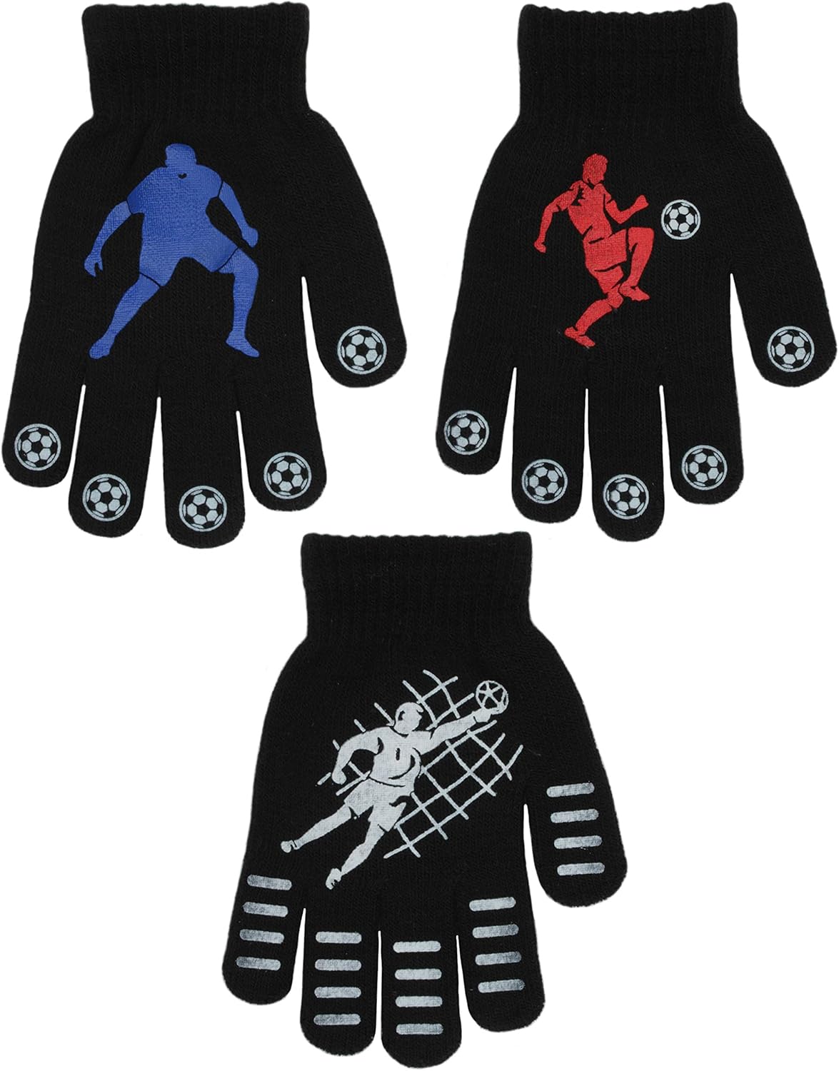 3 Pairs Boys Gripper Magic Gloves Football Designs, 3 Pairs, Black