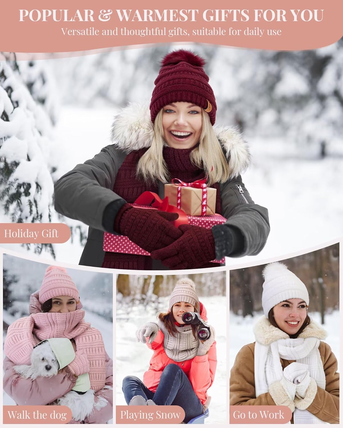 Hat Scarf and Gloves Set Ladies, Cute Pom Pom Winter Beanie Hat for Women with Warm Fleece Lined, Long Knit Bobble Touchscreen Gloves Women Scarf Neck Warmer 3 in 1 Cold Weather Gift Set