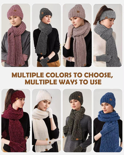 Headbands Hat Scarf and Gloves Set Ladies, Chenille Beanie Hat Women Fleece Lined Touchscreen Gloves Women Knit Scarf Ear Warmers 4 in 1 Cold Weather Gift Set