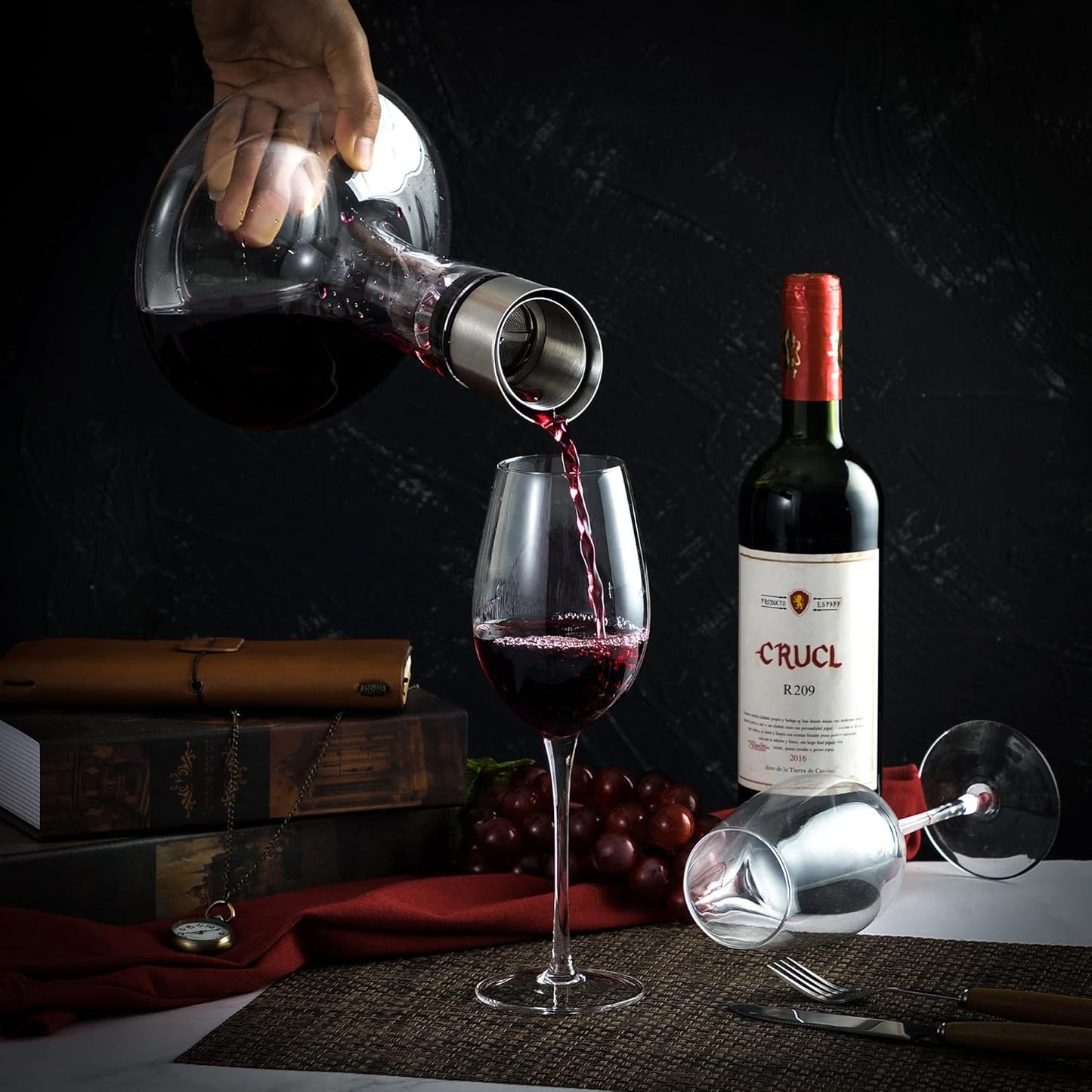 Youyah Wine Decanter with Built-In Aerator & Filter, Carafe, 100% Hand Blown Crystal Glass, Wine Accessories