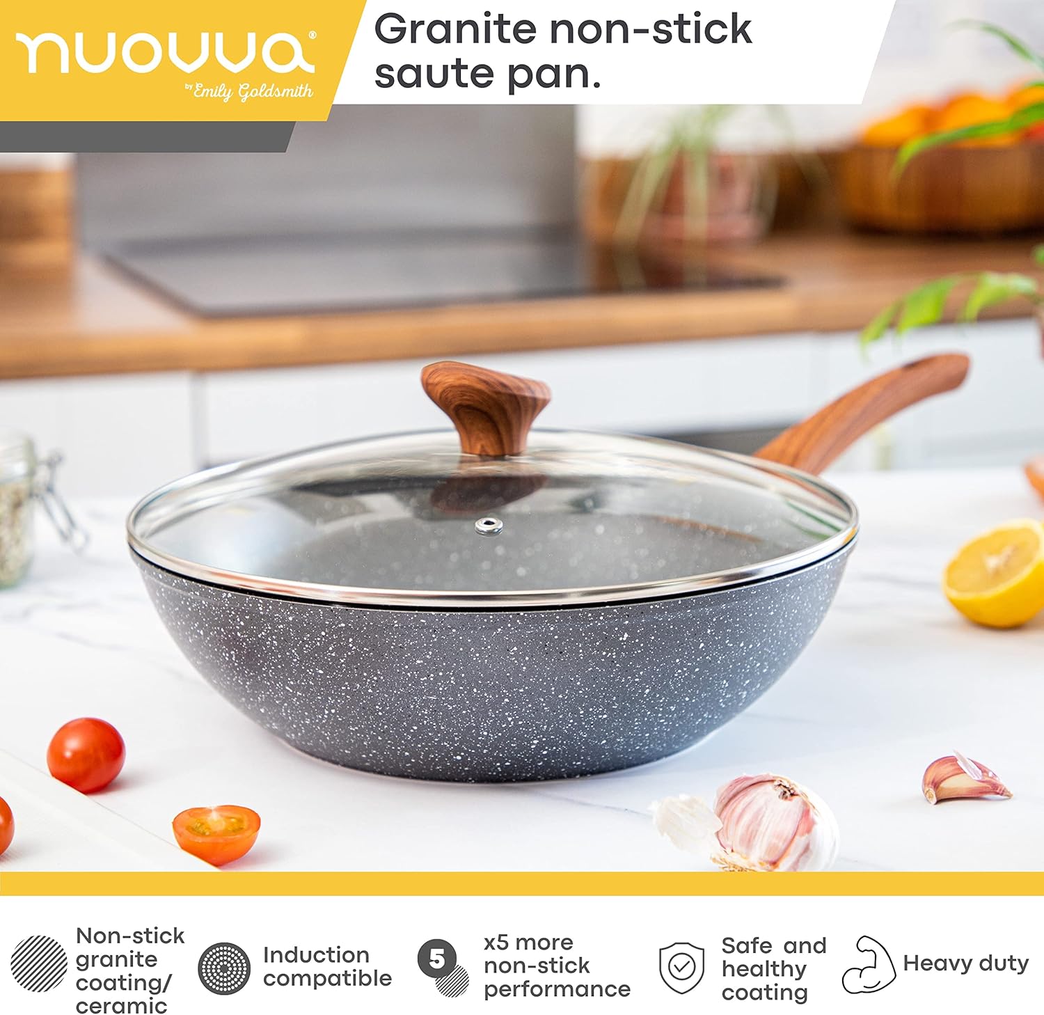 nuovva  Non Stick Wok Pan – Deep Stir Fry Pan with Lid – 28Cm Frying Pan with Induction Base