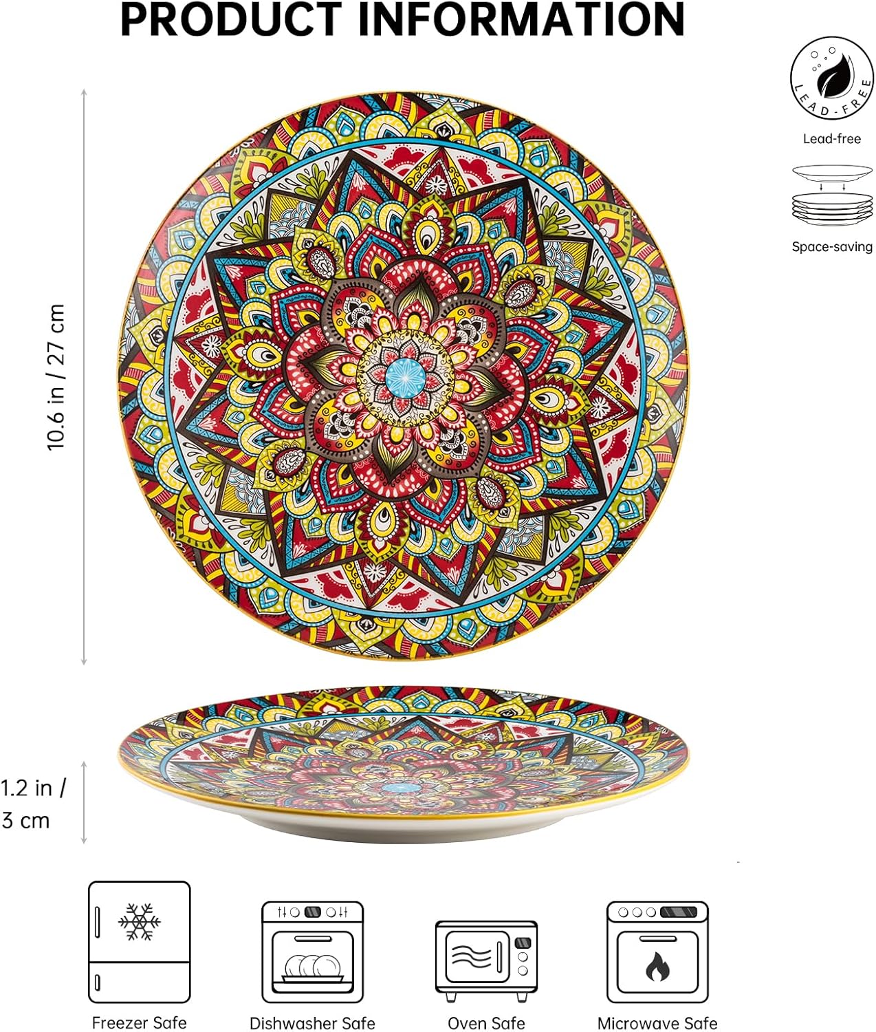 Plates Set - 10 Inch, Porcelain Large Dinning round Plates Set of 6, round Plate for Breakfast/Dessert with Pattern - Bohemian Style