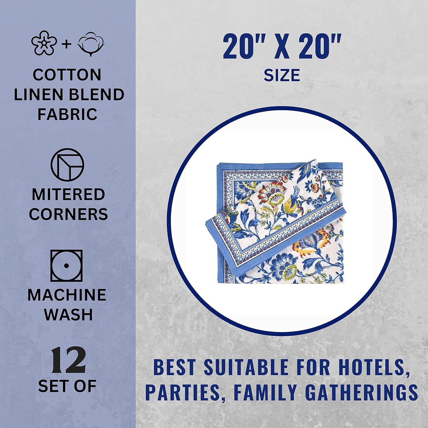 Cloth Napkins Set of 12 Cotton Linen Blend Printed Dinner Napkins Perfect for Parties Dinners Weddings Cocktail Christmas Napkins Cloth (Blue Floral)