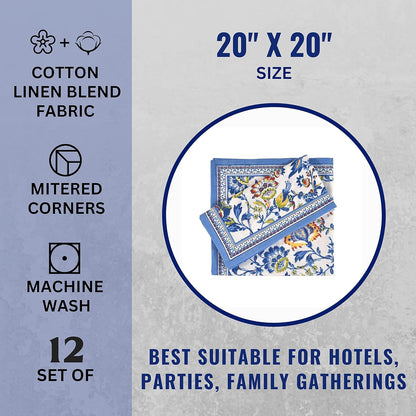 Cloth Napkins Set of 12 Cotton Linen Blend Printed Dinner Napkins Perfect for Parties Dinners Weddings Cocktail Christmas Napkins Cloth (Blue Floral)