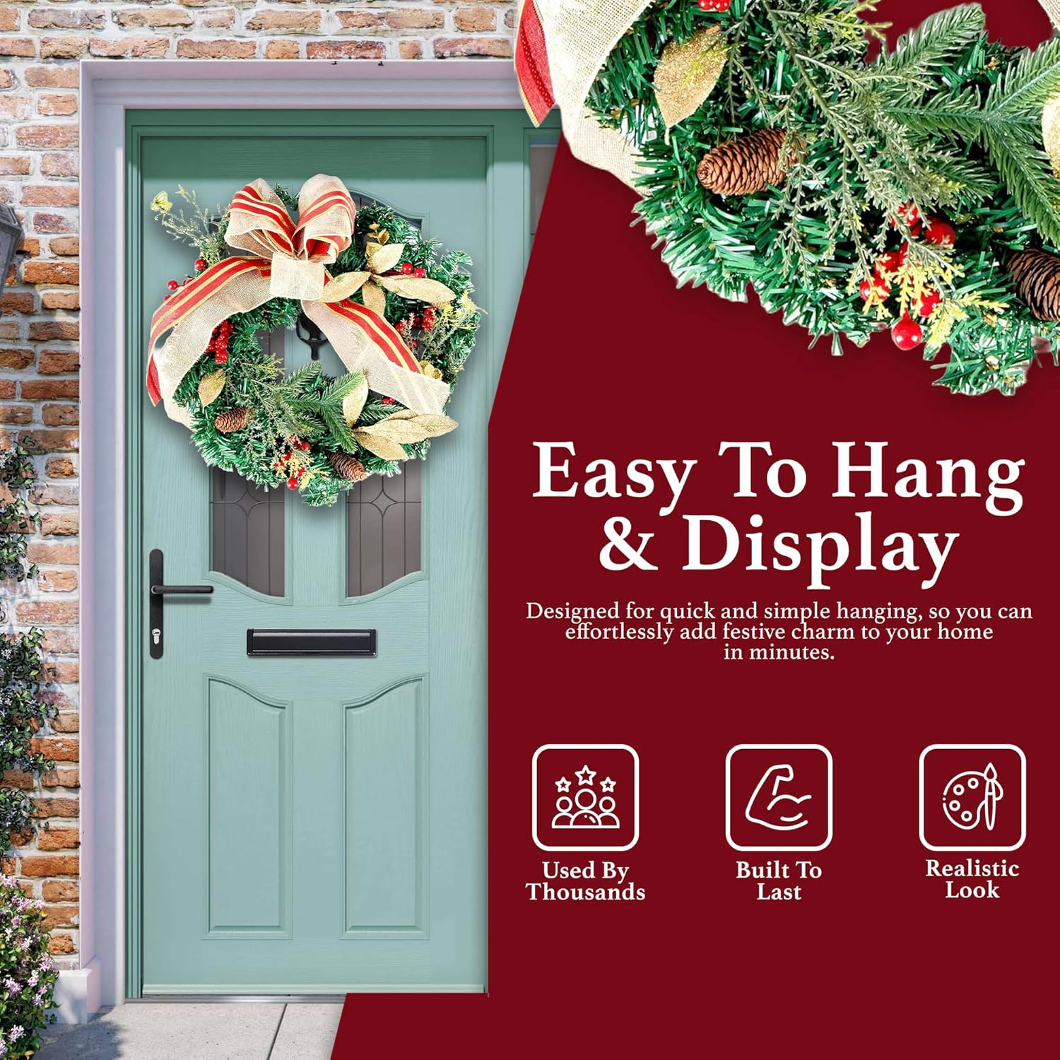Christmas Wreath | Golden Christmas Door Wreath with Pine Cones & Berries