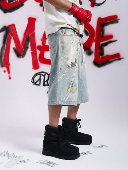JEWELRY PEARL GRAPHIC PRINT 3D EFFECT DENIM SHORTS