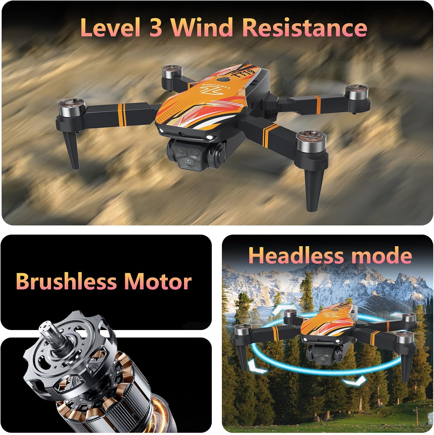 Brushless Motor Drone with Camera 1080P, 270° Obstacle Avoidance Optical Flow Positioning Mini Drones for Beginners, Foldable RC Quadcopter Gift Toy for Kids, Orange
