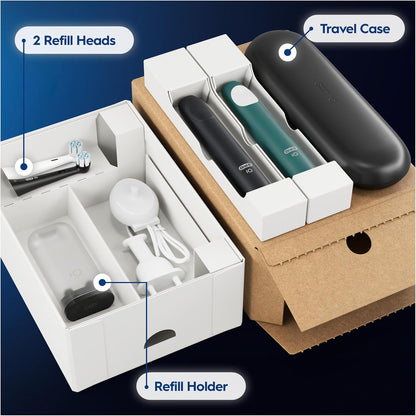 Io2 Duo Electric Toothbrushes, 2 Gentle Care Toothbrush Heads, 1 Travel Case, 1 Travel Refill Holder, Toothbrush for Adults (Night Black and Forest Green), Designed by Braun, 2 Pin UK Plug