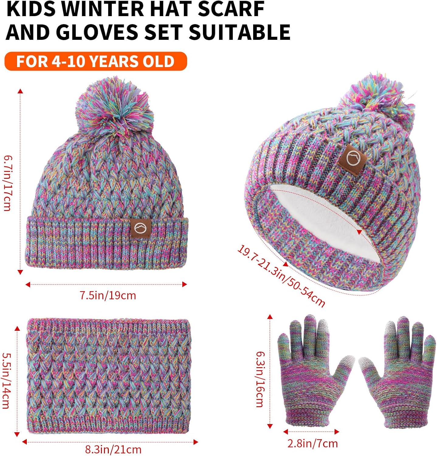 Kids Winter Hat Scarf and Gloves Set,Warm Thermal Knitted Beanie Cap Snood Neck Warmer Touchscreen Mitten with Soft Fleece Lining for Girls Boys Age 4-10