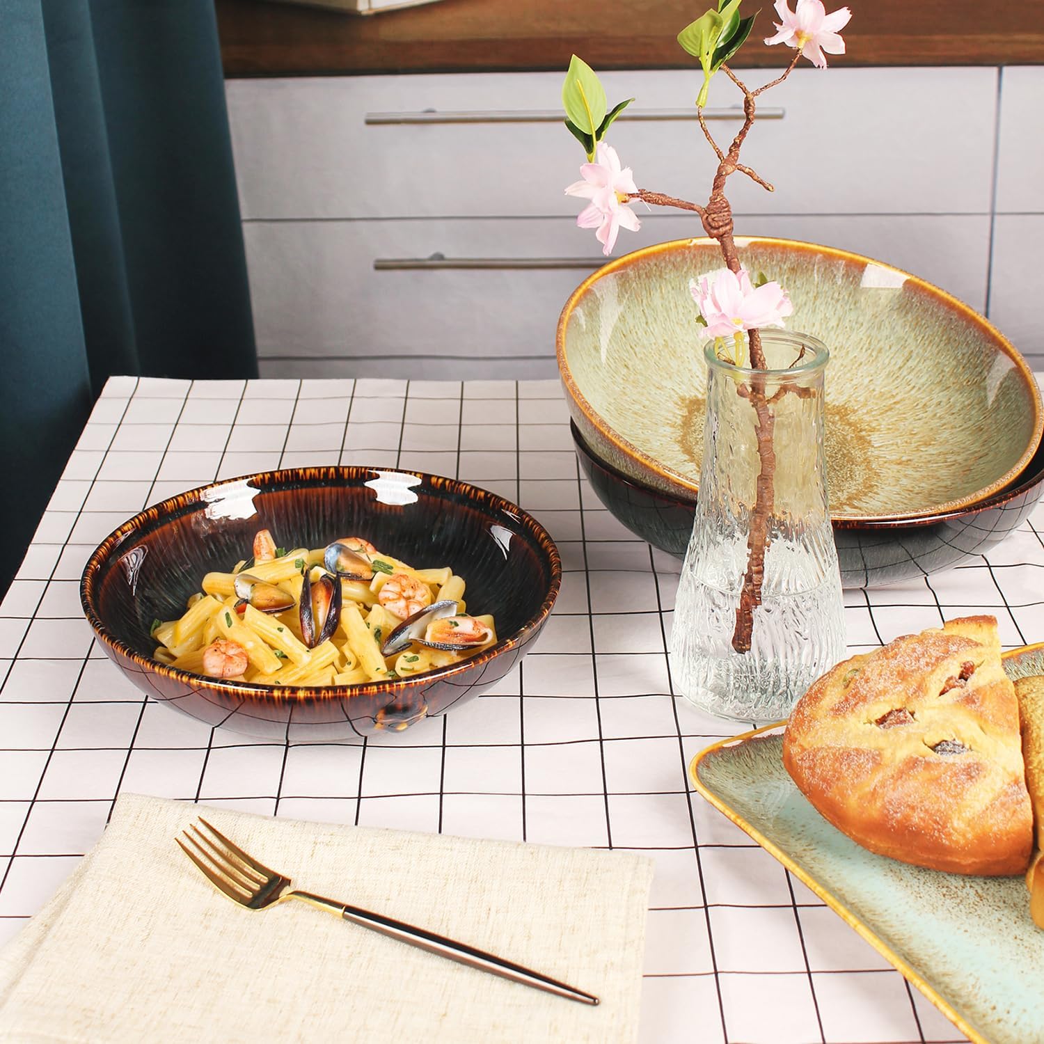 Ceramic Pasta Bowls Set of 2, Salad and Soup Plates 1100 ML, Serving Dinner Deep Plate/Wide Bowl, Microwave Dishwasher Safe, Kitchen Dinnerware Modern Porcelain Dishes, 22.2 CM