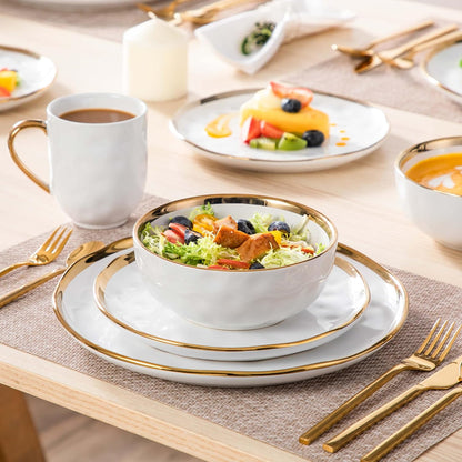 'Apollo', 16 Piece Dinner Set, Stoneware Dish Set for 4, Kitchen Plates and Bowls Sets, Handmade Dinnerware Set with Gold Trim, Dishwasher Safe, White and Gold