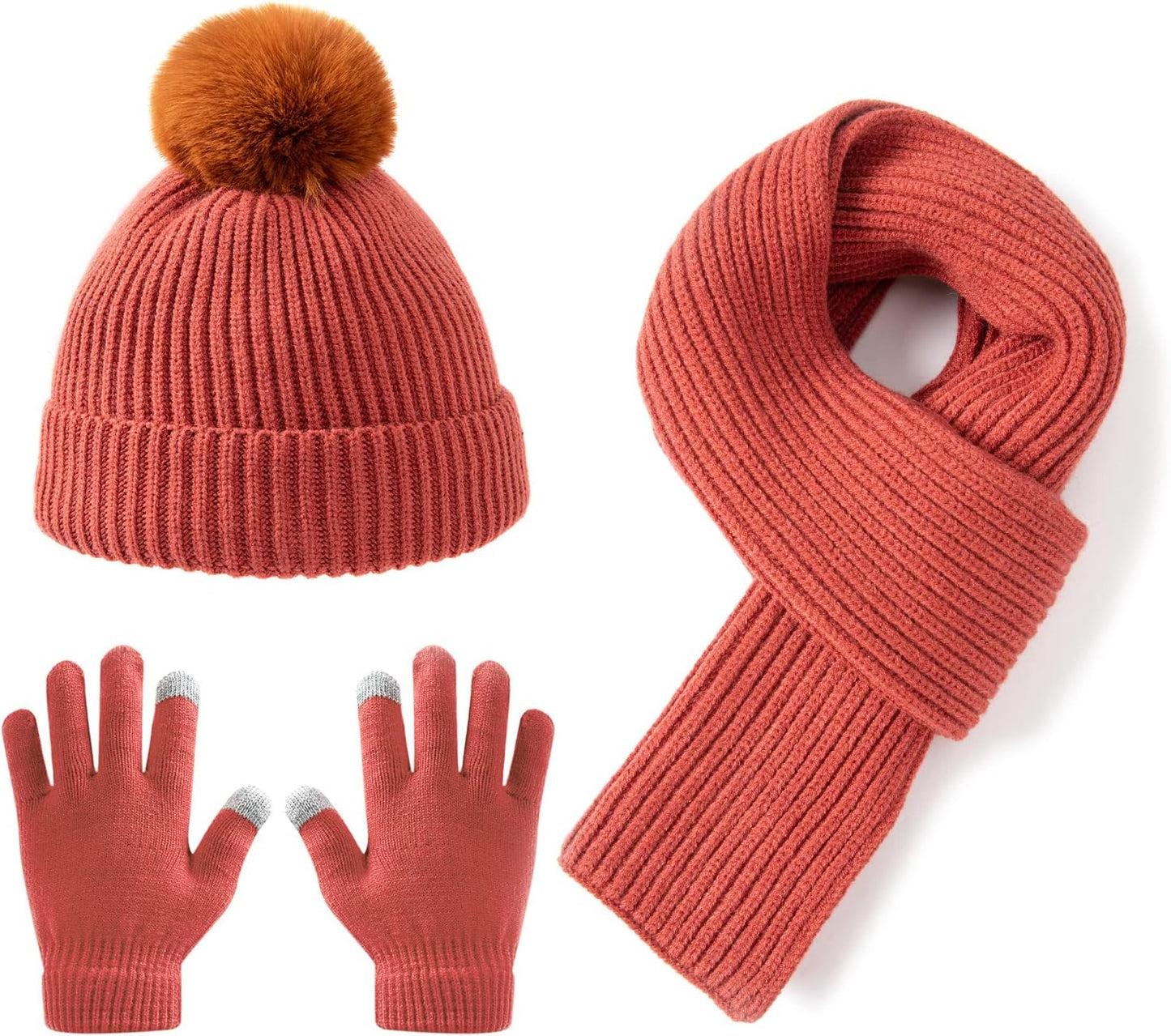 3Pcs Kids Hat Scarf and Snow Gloves Set, Winter Knit Warm Soft Pom-Pom Beanie Outdoor for Boys Girls and Toddlers