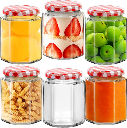 Showvigor Jam Jars with Red Gingham Lid - 280Ml/9Oz - Hexagonal Storage Glass Jars, Clear Airtight Jar for Pickling, Chutney, Jam, Coffee - 6 Set
