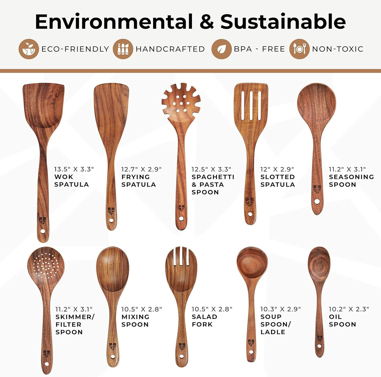 Wooden Utensil Set - 10 Pcs Teak Wooden Spoon Kitchen Utensils Set for Nonstick Pans & Cookware. Non-Scratch, Heat Resistant, Comfortable Grip. Includes Cooking Spatula