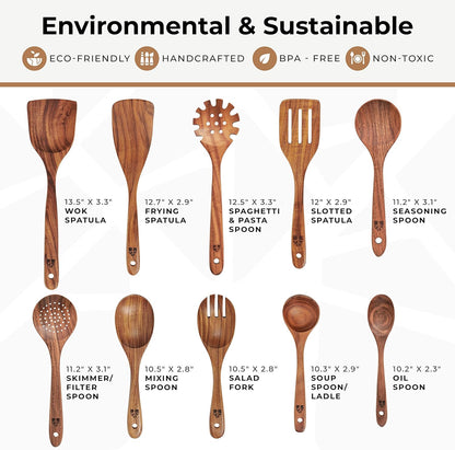 Wooden Utensil Set - 10 Pcs Teak Wooden Spoon Kitchen Utensils Set for Nonstick Pans & Cookware. Non-Scratch, Heat Resistant, Comfortable Grip. Includes Cooking Spatula
