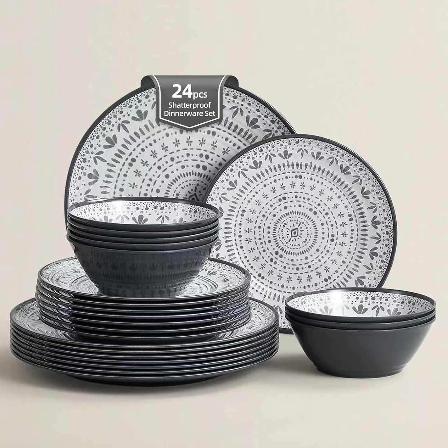 24PCS Melamine Dinnerware Sets - Camping Plates and Bowls Set, Dinner Set for 8 People, Plate Set - Durable & Stylish Dining Collection