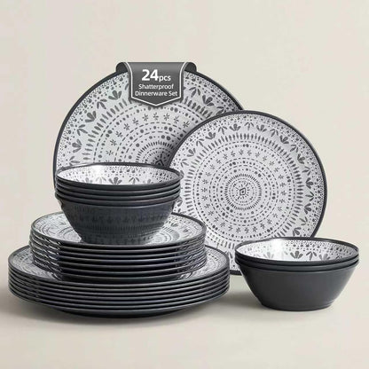 24PCS Melamine Dinnerware Sets - Camping Plates and Bowls Set, Dinner Set for 8 People, Plate Set - Durable & Stylish Dining Collection