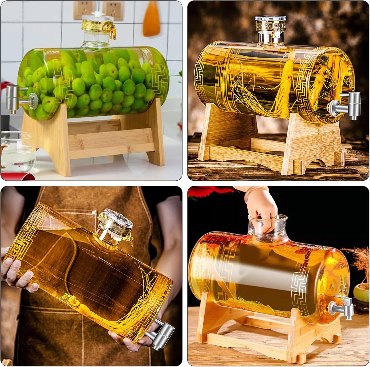 Glass Barrel Dispenser with Tap, Whiskey Decanter Set 5L Whiskey Barrel Whiskey Decanter Drink Dispenser for Wine for Scotch Bourbon Vodka Rum and Liquor Party Drink (A)