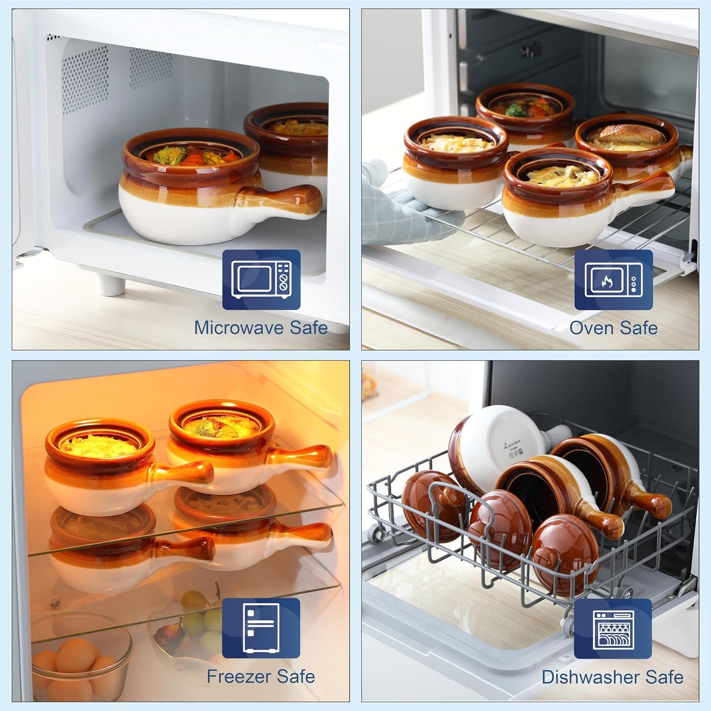 16 OZ French Onion Soup Crocks with Lid,Porcelain Soup Bowls with Extended Handle,Serving Bowls for Chili, Beef Stew, Cereal, Pot Pies, Lasagna,Microwave/Oven-Safe,Set of 4