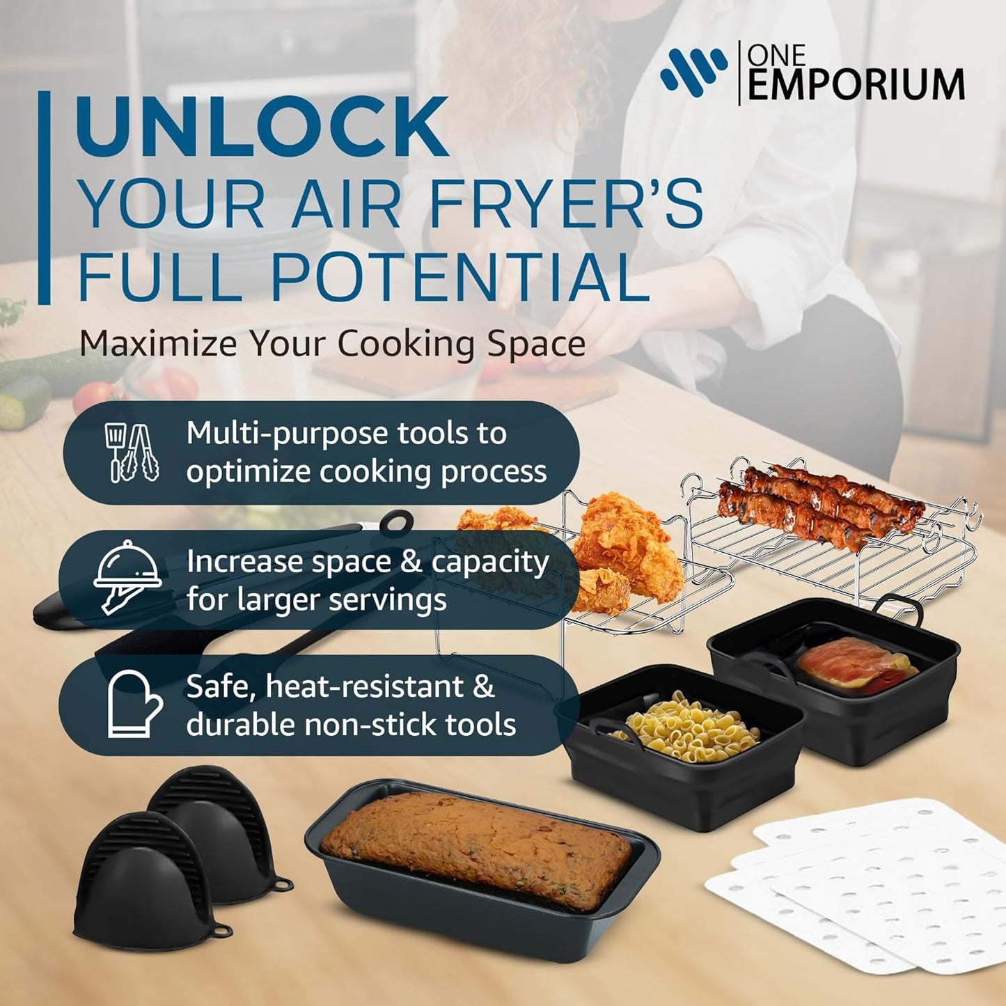 - 11-Piece Set of Air Fryer Accessories Compatible with Ninja, Tower & Other Brands, Includes Air Fryer Rack, Non-Stick Pan, Silicone Pots, Airfryer Liners, Gloves & More