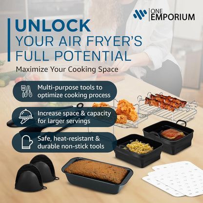 - 11-Piece Set of Air Fryer Accessories Compatible with Ninja, Tower & Other Brands, Includes Air Fryer Rack, Non-Stick Pan, Silicone Pots, Airfryer Liners, Gloves & More