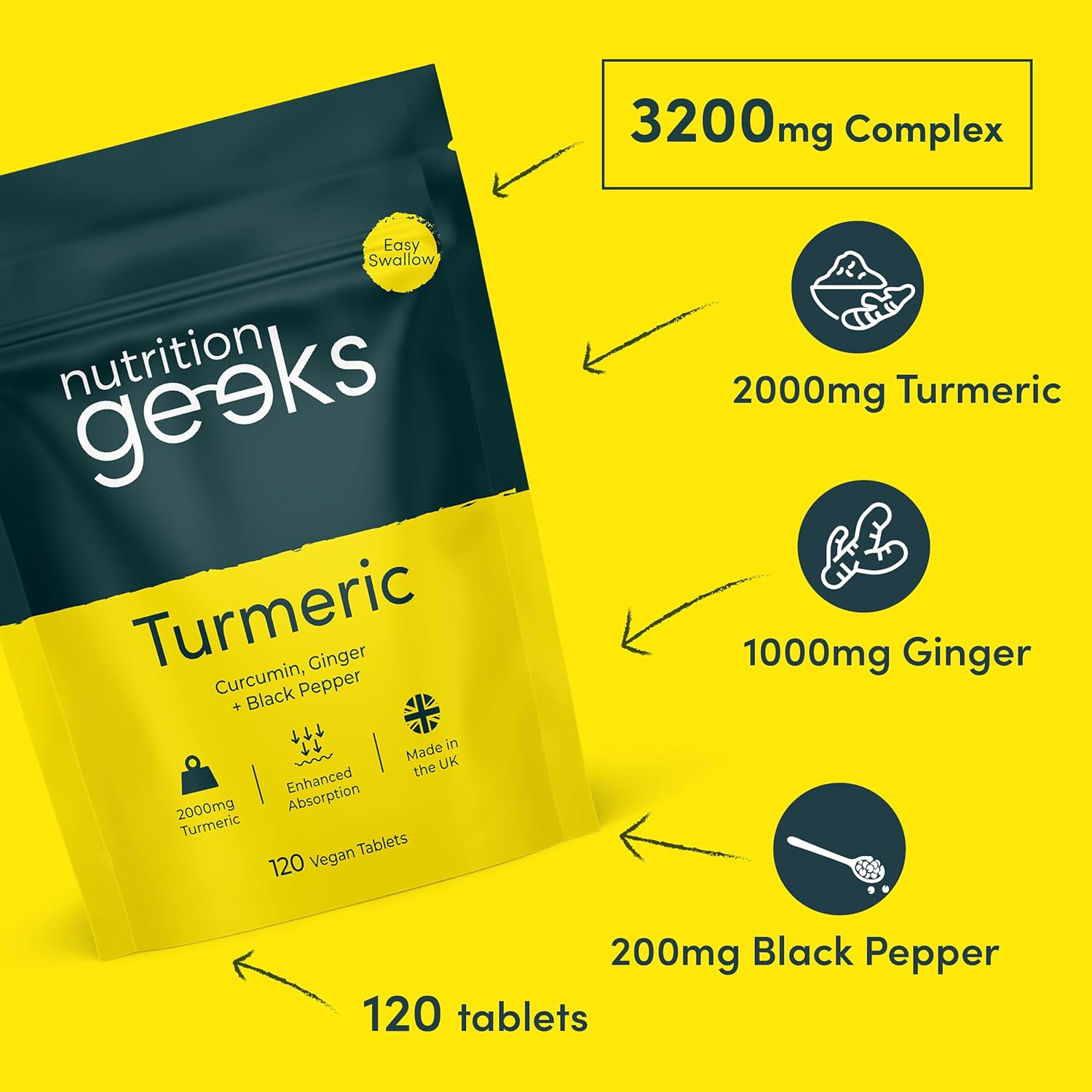 High Strength Curcumin Turmeric Tablets 2000 mg with Black Pepper and Ginger, Vegan and Gluten-Free, Made in the UK, 120 Count