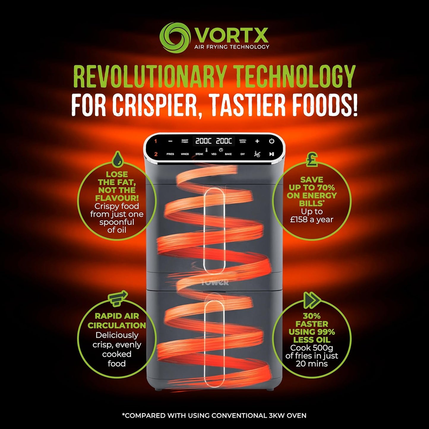 T17190GRP Vortx XL Dual Stack Air Fryer with Digital Control Panel, Space Saving Design, 6 Preset Cooking Modes, Match Cook & Smart Finish Functions, 2460W, 11L, Graphite with Chrome Trim