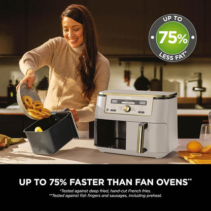MAX Dual Zone Digital Air Fryer, 2 Drawers, 9.5L, 6-In-1, Uses No Oil, Air Fry, Max Crisp, Roast, Bake, Reheat, Dehydrate, Non-Stick, Dishwasher Safe Baskets, Stone Gold DZ400UKSTGD