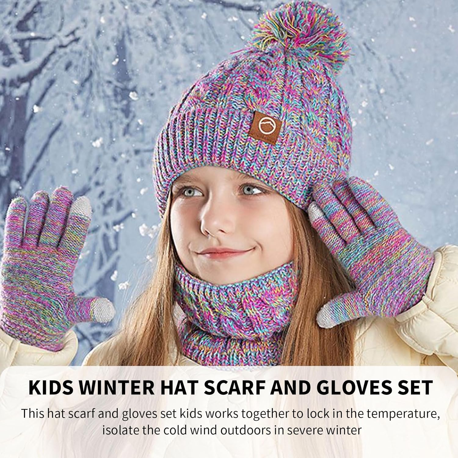 Kids Winter Hat Scarf and Gloves Set,Warm Thermal Knitted Beanie Cap Snood Neck Warmer Touchscreen Mitten with Soft Fleece Lining for Girls Boys Age 4-10
