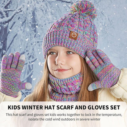 Kids Winter Hat Scarf and Gloves Set,Warm Thermal Knitted Beanie Cap Snood Neck Warmer Touchscreen Mitten with Soft Fleece Lining for Girls Boys Age 4-10