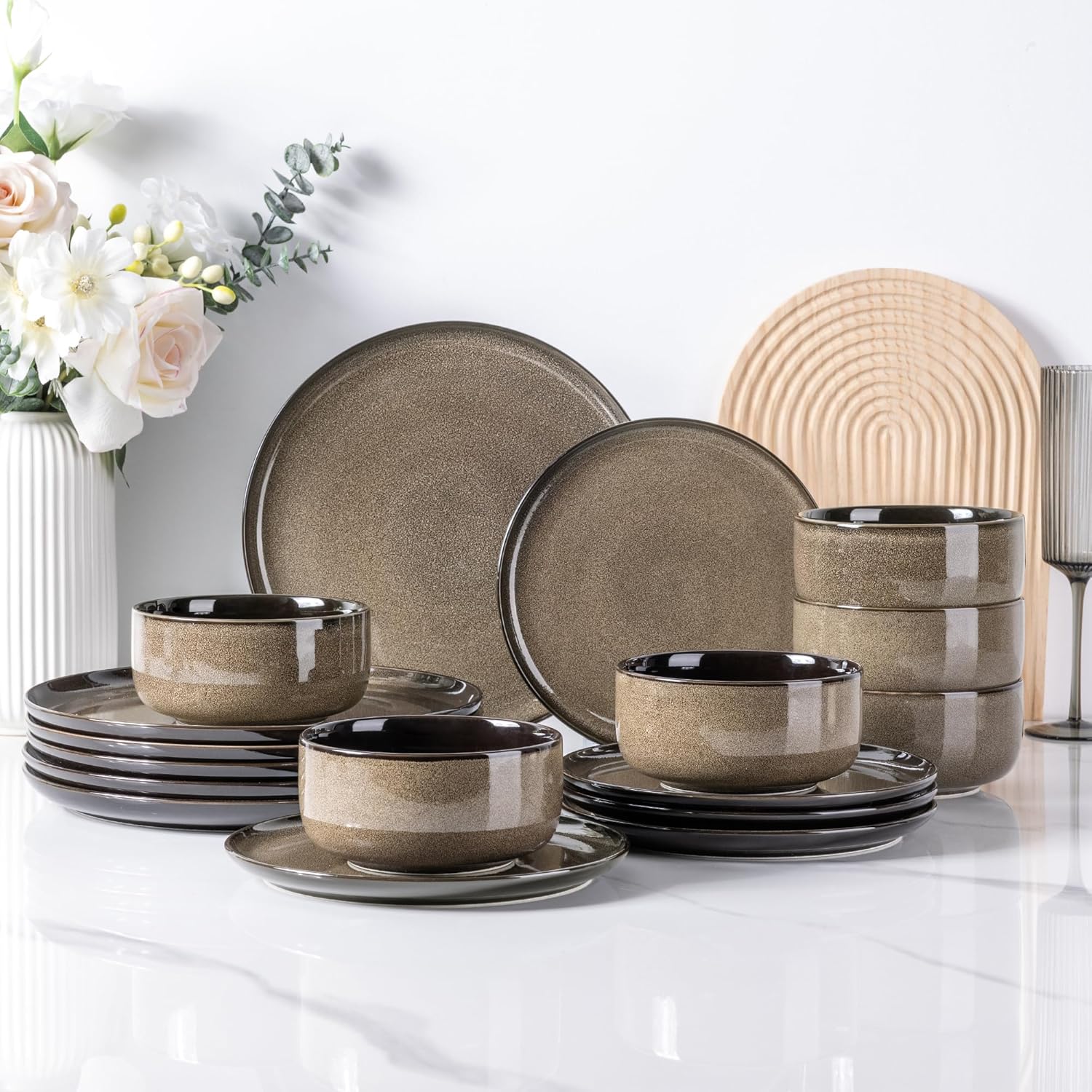 Dinner Set for 6, 18 Pieces Stoneware Plates and Bowls Set, Chip & Scratch Resistant Reactive Glazed Dinnerware Set, Dishwasher & Microwave Safe Crockery Set, Chocolate Malt