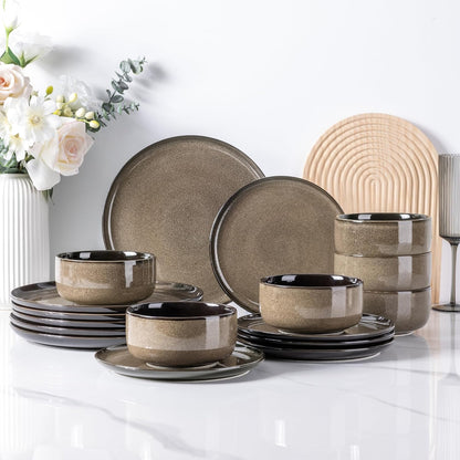 Dinner Set for 6, 18 Pieces Stoneware Plates and Bowls Set, Chip & Scratch Resistant Reactive Glazed Dinnerware Set, Dishwasher & Microwave Safe Crockery Set, Chocolate Malt