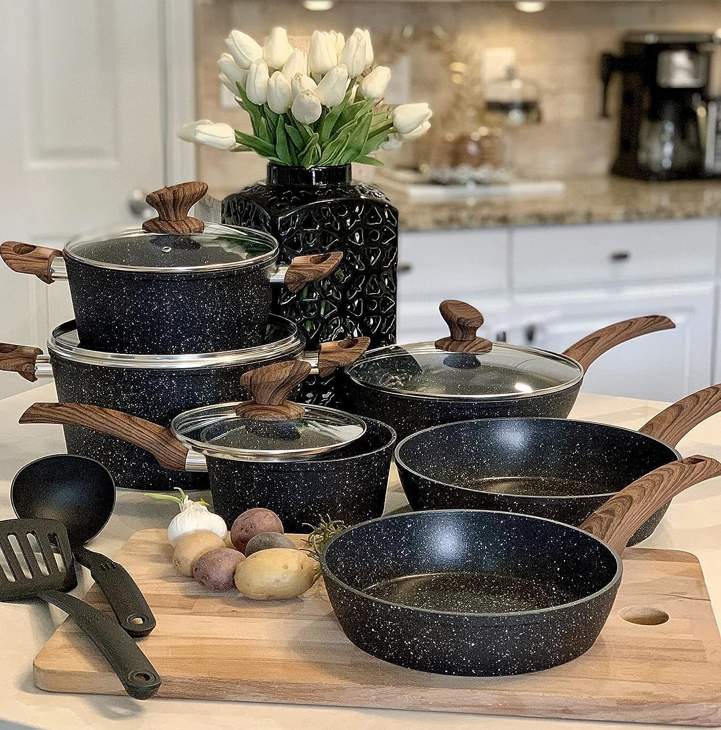 Induction Hob Pans Set - 12 Pieces Black Granite Kitchen Cookware Set，Pots and Pans Set Non Stick